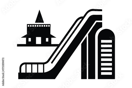 Stylized black and white illustration of a water slide and tower isolated on white background