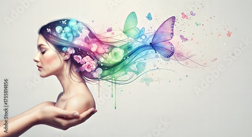 Ethereal woman with rainbow hair, flowers, and butterflies in profile view.