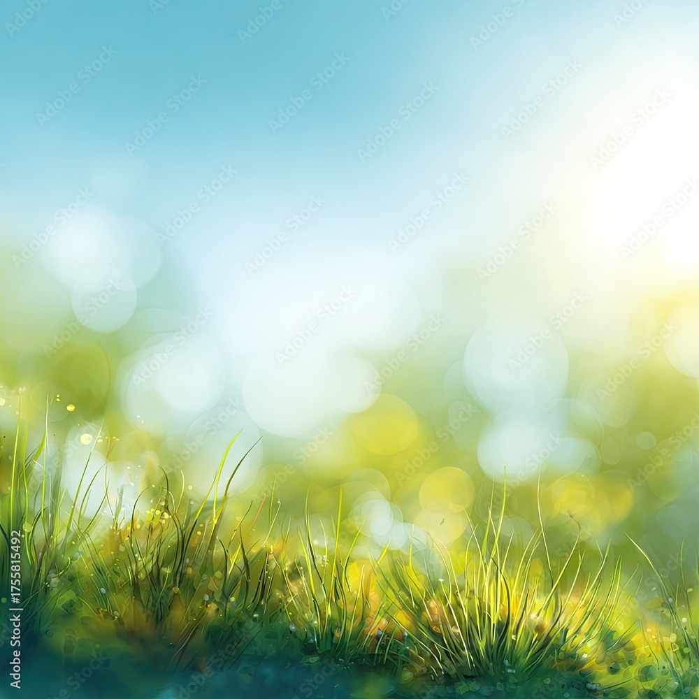 Fototapeta premium Sunny grass bokeh against a clear blue sky background