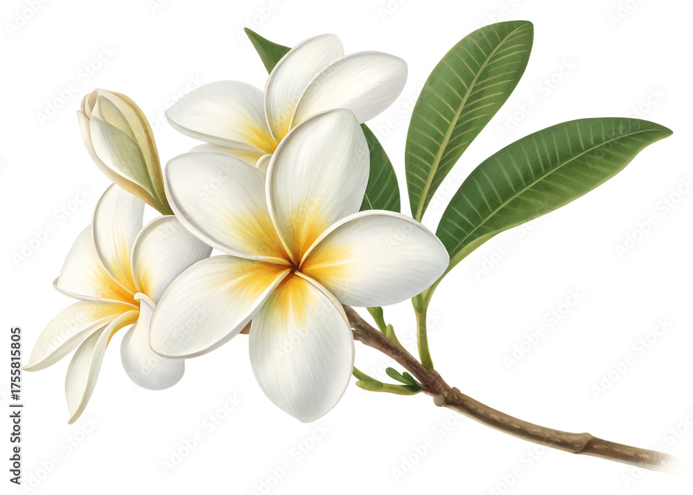 Obraz premium Pristine White Frangipani Plumeria Flower Bloom with Vibrant Yellow Center and Fresh Green Leaves Illustration
