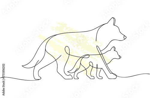 Minimalist single line drawing two dogs walking with yellow abstract animal canine