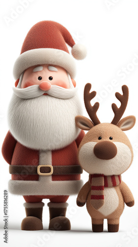楽しい3Dクリスマスイラスト、サンタクロースとトナカイが微笑む夢のような聖夜、ギフトと飾りに彩られた幻想的なツリーと温もり感じるプレゼントシーン、ホリデーの魔法