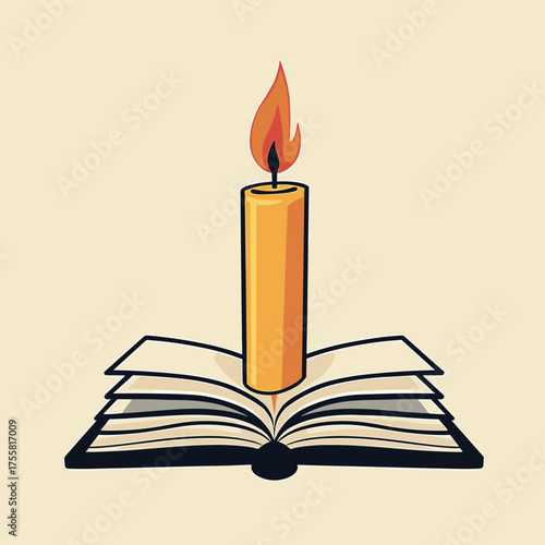 Candle on book illustration showing warm candlelight on open book pages, which represent candle on book in simple style. Detailed candle and book provide a gentle illumination.