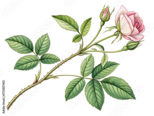 Delicate pink rose budding on a stem with green leaves isolated on transparent background isolated on white background