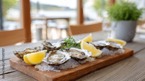 Fresh Oysters Served on Ice with Lemon Wedges and Garnish on Wooden Platter in Restaurant Setting