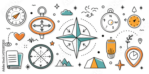 Adventure and travel icons compass map pocket watch tent heart mountains and more