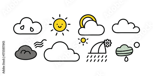 Cute weather icons set featuring sun clouds rainbow rain snow and wind for forecasts