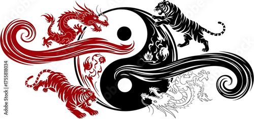 A spiritual Yin Yang symbol featuring the eternal struggle and balance between a celestial dragon and a powerful tiger