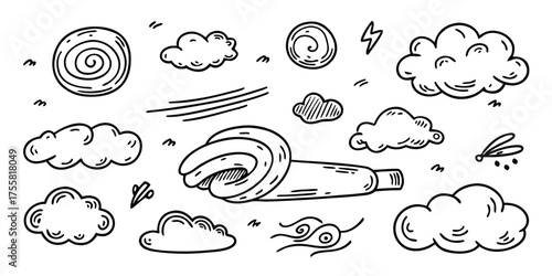 Whimsical hand drawn weather icons and clouds for creative designs
