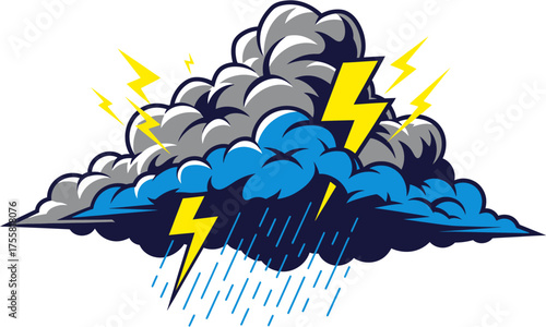 Cloudy Thunderstorm Illustration Dramatic Weather Icon with Lightning and Rain Elements