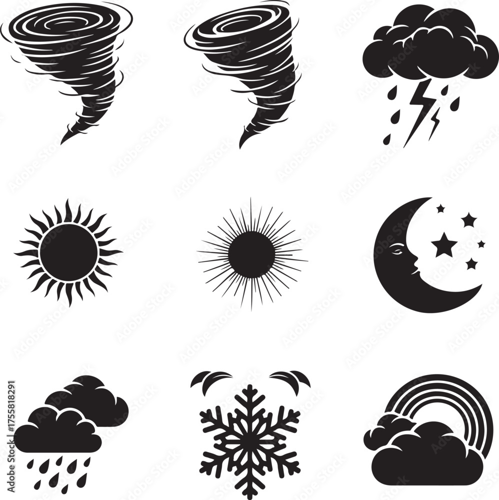 Fototapeta premium Weather icons vector set with nature floral elements and decorative symbols