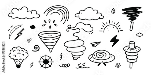 Collection of hand-drawn weather icons featuring storms clouds sun lightning tornadoes and more