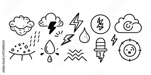 Hand drawn weather icons collection clouds rain lightning thunderstorm symbols