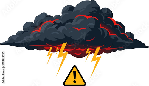 Dark Thundercloud with Lightning and Warning Sign A Vector Illustration