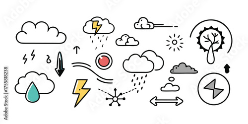 Collection of weather icons featuring clouds rain lightning sun and wind symbols