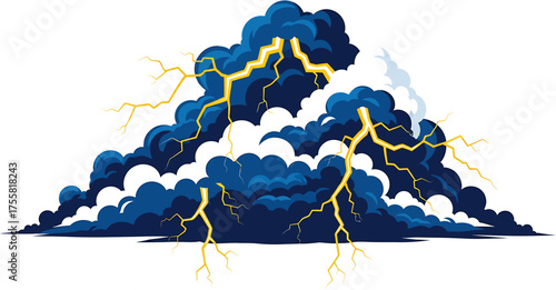 A powerful illustration of a dark blue thundercloud with bright yellow lightning bolts, symbolizing energy, danger, and a dramatic storm