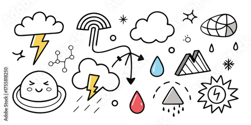 Doodle collection of weather elements featuring clouds lightning rainbow sun mountains and raindrops