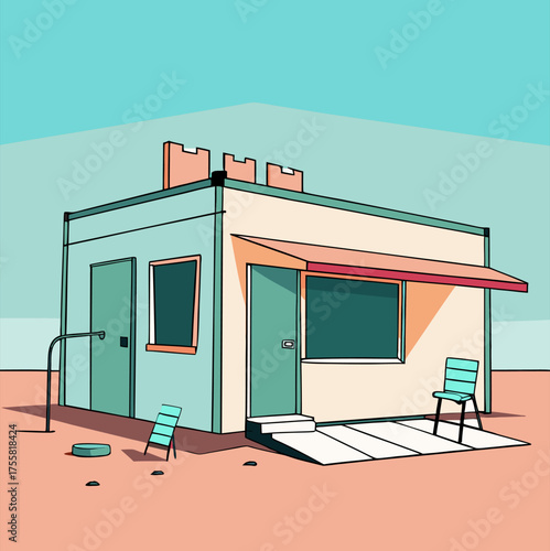 Minimalist Abandoned Shop Facade with Empty Chair and Desert Landscape
