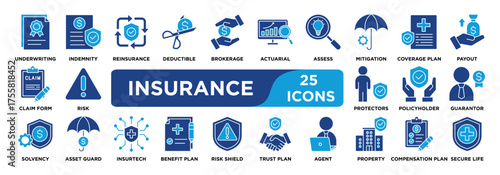 insurance icon collection set. Containing underwriting, indemnity, reinsure, deductible, brokerage icon. solid vector.