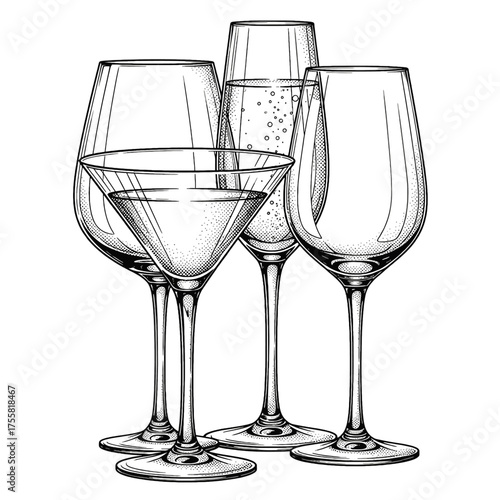 Detailed illustration of various elegant stemmed glassware, showcasing different shapes and styles.