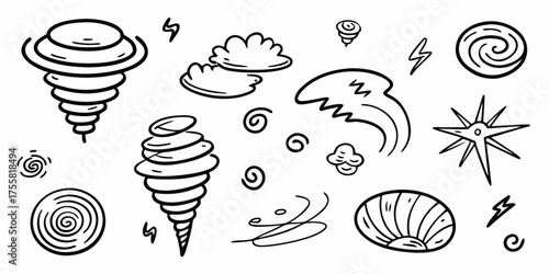 Hand-drawn weather icons featuring tornados clouds lightning and swirling wind patterns for meteorological study