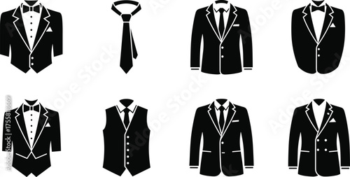Men’s Formalwear Vector Set Featuring Suits, Tuxedos, Ties, Bow Ties, Vests for Fashion Design, Styling, and Event Graphics