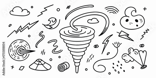 Whimsical hand-drawn weather icons featuring tornado lightning clouds rain and wind elements