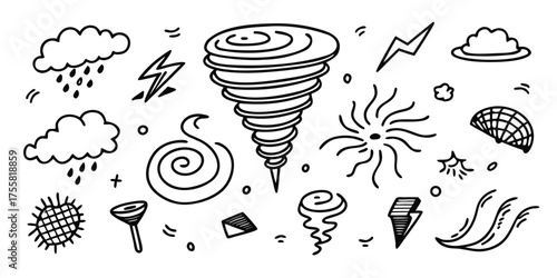 Hand-drawn weather icons depicting storms tornadoes lightning rain clouds and wind with simple doodle style