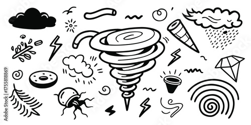Collection of hand-drawn weather symbols featuring tornado cloud lightning rain and more