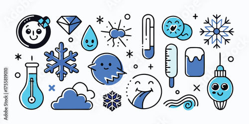 Collection of cute winter weather elements and frozen icons with snowy vibes