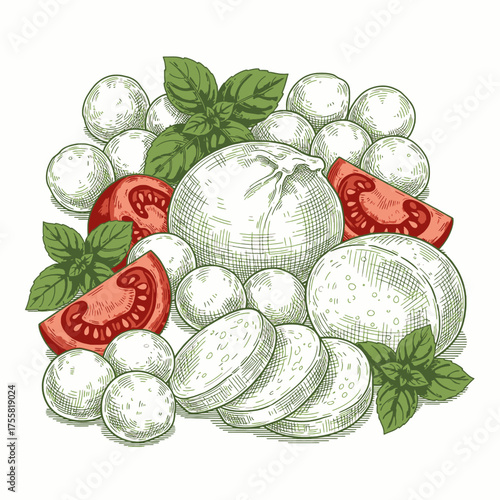 Hand-drawn illustration of burrata cheese, mozzarella balls, sliced tomatoes, and fresh basil leaves, arranged on a white background.