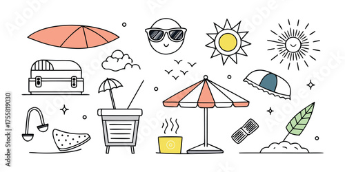 Hand drawn summer beach vacation icons and elements for fun sunny day designs