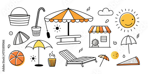 Charming hand-drawn collection of summer beach and picnic icons with vibrant splashes of color