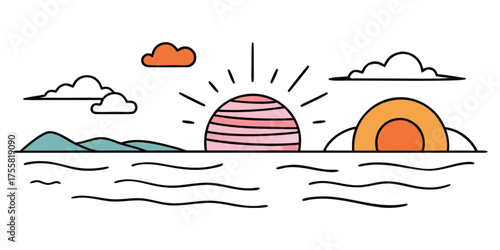 Simple sunrise over ocean with clouds and mountains minimalist line art landscape