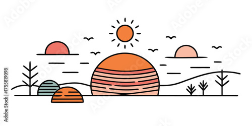Stylized desert landscape with multiple suns and silhouetted trees minimalist art