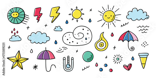 Collection of playful hand-drawn weather icons including sun clouds lightning umbrella and star