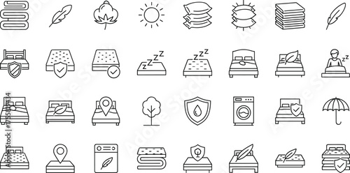 Vector Icons Set of Bedding, Sleep Comfort, Eco Materials, Cleanliness, and Protection for Hotel, Wellness, and Product Design