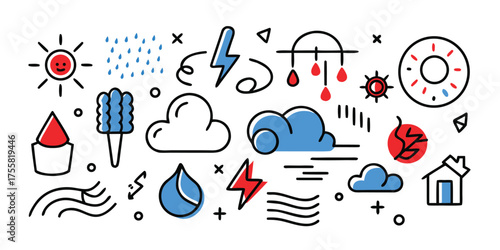 Whimsical weather icons including sun rain clouds lightning wind home and more