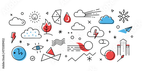 Diverse weather icons hand-drawn style with vivid color accents abstractly displayed
