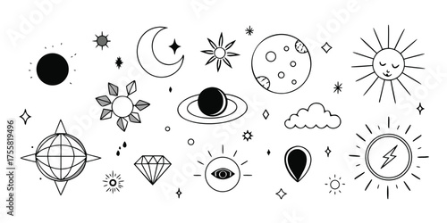 Cosmic celestial doodle elements sun moon stars planets diamond cloud geometric shapes