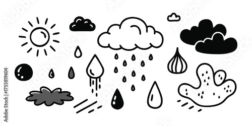 Doodle style weather icons sun clouds raindrops stormy sky fog wind elements