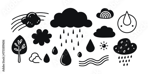 Cute hand drawn weather icons including clouds rainbow raindrops sun and trees