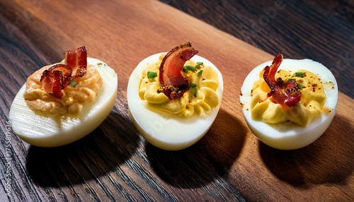 Three Deviled Eggs Wooden Surface Are Round Have With Bacon