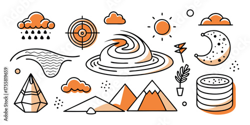 Whimsical weather icons featuring sun moon clouds rain mountains water and crystals