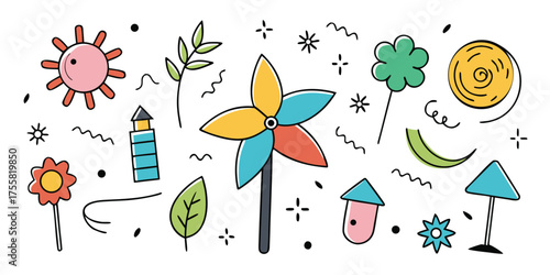 Whimsical doodle collection of outdoor elements and objects for children