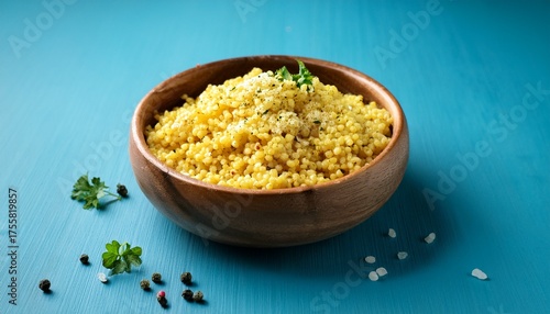 Cooked Millet In A Wooden Bowl On A Blue Background With Salt And Pepper Healthy Vegan Side Dish