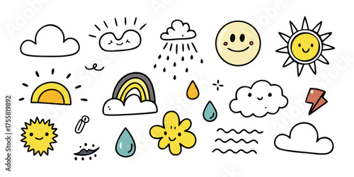 Cute hand drawn weather icons featuring sun clouds rainbow rain lightning and smiley face