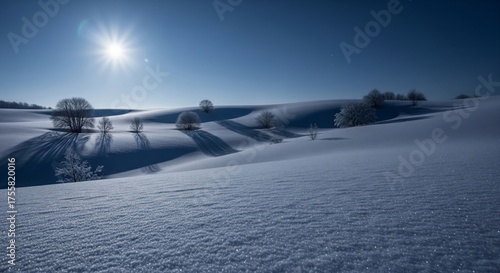 Snow Covered Rolling Hills under Bright Sunlight against Dark Blue Sky in Winter Landscape