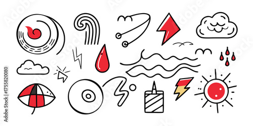 Collection of hand-drawn weather symbols including sun rain clouds storms and lightning
