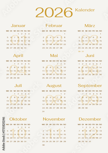 German 2026 calendar template single vertical page with 12 month in golden elegant style. Wall, desk Kalender Jahresplaner.